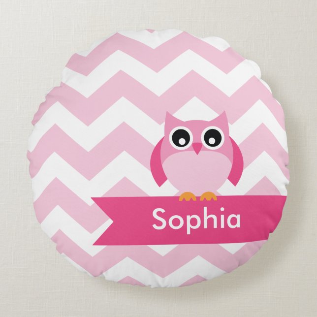 Personalized Pink Chevron Owl Round Pillow (Front)