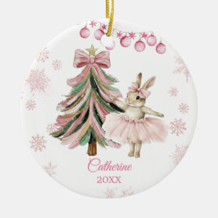 Personalized Pink Christmas Bunny Ballerina Ceramic Ornament