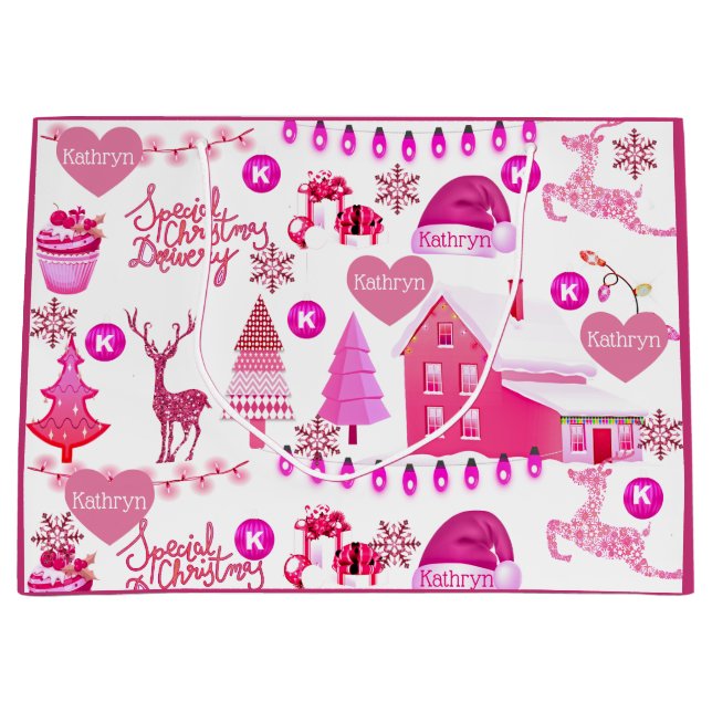 Personalized Pink Christmas Large Gift Bag (Front)