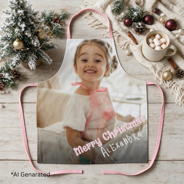 Personalized Pink Christmas Modern Photo Text Apron (Creator Uploaded)