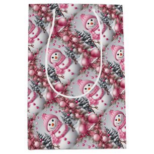 Personalized Pink Christmas Snowman Medium Gift Bag