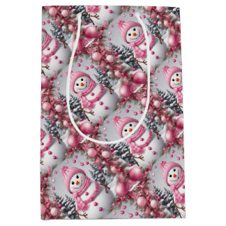 Personalized Pink Christmas Snowman Medium Gift Bag