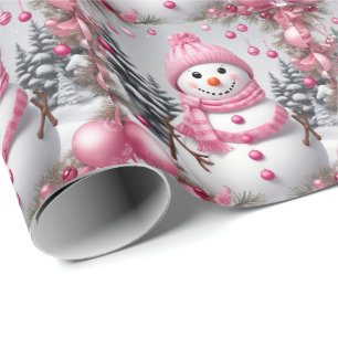 Personalized Pink Christmas Snowman Wrapping Paper