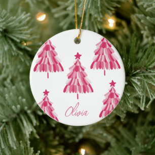 Personalized Pink Christmas Tree Name Ceramic Ornament