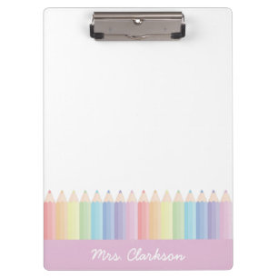 Personalized Pink Colourful Pencils Teacher Clipboard
