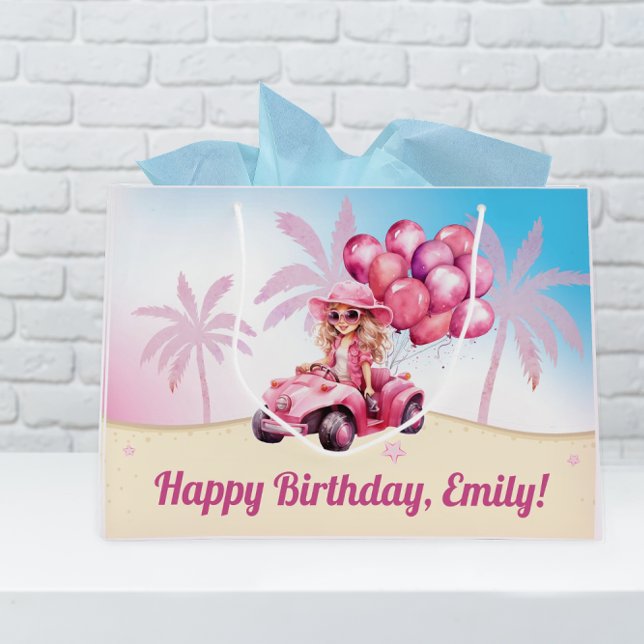 Personalized Pink Convertible Beach Birthday Large Gift Bag (A personalized gift bag adds a special touch to any girl's birthday celebration.)