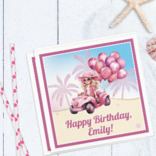 Personalized Pink Convertible Beach Birthday Napkin
