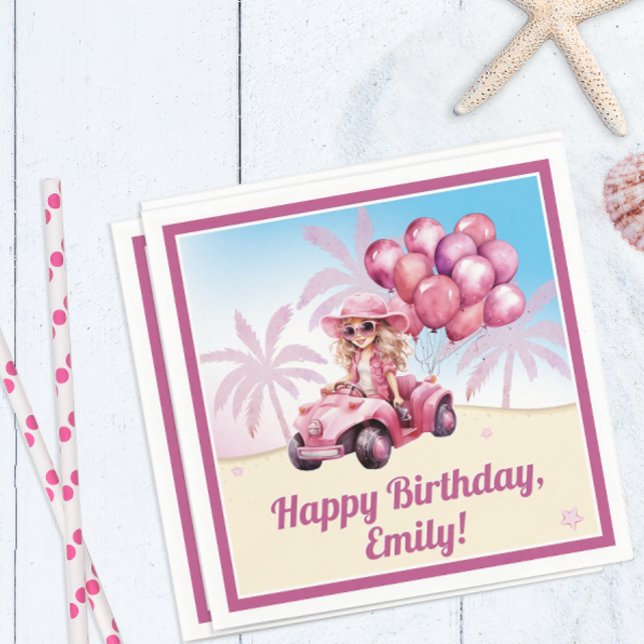Personalized Pink Convertible Beach Birthday Napkin (A fun beach party napkin adds a touch of whimsy to the birthday girl's celebration )