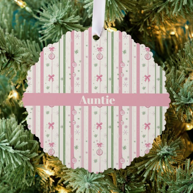 Personalized Pink Coquette Auntie Holiday Ornament Card (Insitu (Tree))