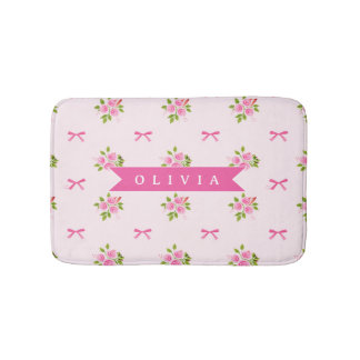 Personalized Pink Coquette Girly Bow Floral Name Bath Mat
