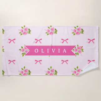 Personalized Pink Coquette Girly Bow Floral Name Beach Towel