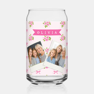 Personalized Pink Coquette Girly Bow Floral Name Can Glass