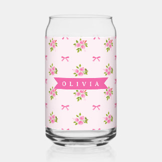 Personalized Pink Coquette Girly Bow Floral Name Can Glass