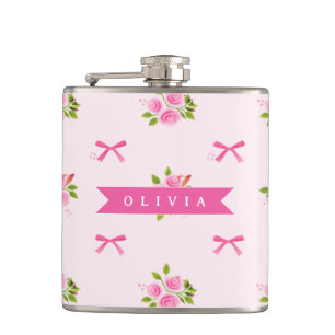 Personalized Pink Coquette Girly Bow Floral Name Hip Flask