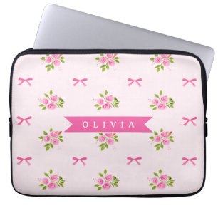 Personalized Pink Coquette Girly Bow Floral Name Laptop Sleeve