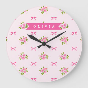 Personalized Pink Coquette Girly Bow Floral Name Large Clock