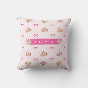 Personalized Pink Coquette Girly Bow Floral Name Throw Pillow