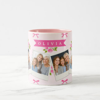 Personalized Pink Coquette Girly Bow Floral Name Two-Tone Coffee Mug