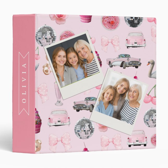 Personalized Pink Coquette Retro Cute Teddy Bear  Binder (Front/Spine)