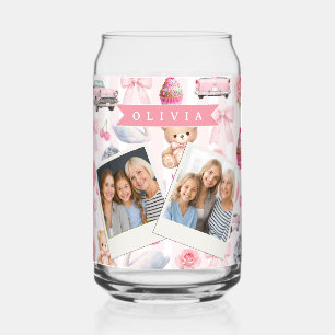 Personalized Pink Coquette Retro Cute Teddy Bear Can Glass