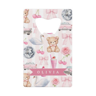 Personalized Pink Coquette Retro Cute Teddy Bear Credit Card Bottle Opener