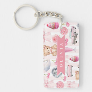 Personalized Pink Coquette Retro Cute Teddy Bear Keychain