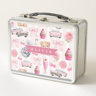Personalized Pink Coquette Retro Cute Teddy Bear Metal Lunch Box