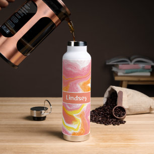 Personalized Pink, Coral, Yellow, Fluid Art Water Bottle