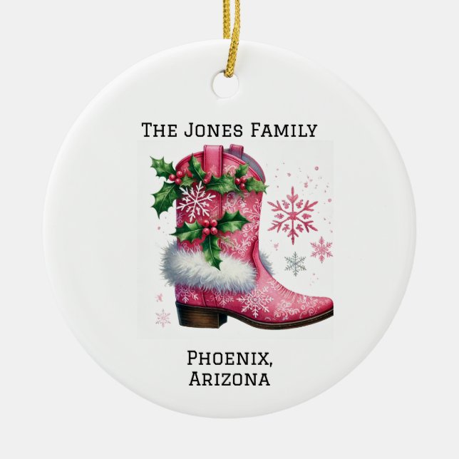 Personalized Pink Country/Western Xmas Cowboy Boot Ceramic Ornament (Front)