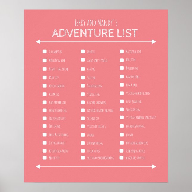 Personalized pink couple's adventure list poster (Front)