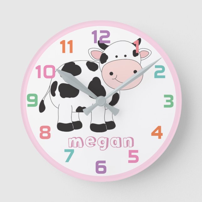 Personalized Pink Cow Colourful Kids Wall Clock (Front)