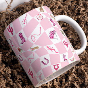 Personalized Pink Cowgirl Checkered Pattern Coffee Mug