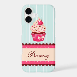 Personalized Pink Cupcake Mint Blue Background