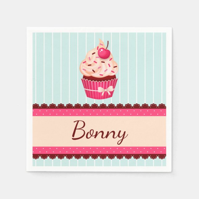 Personalized Pink Cupcake Mint Blue Background Napkin (Front)