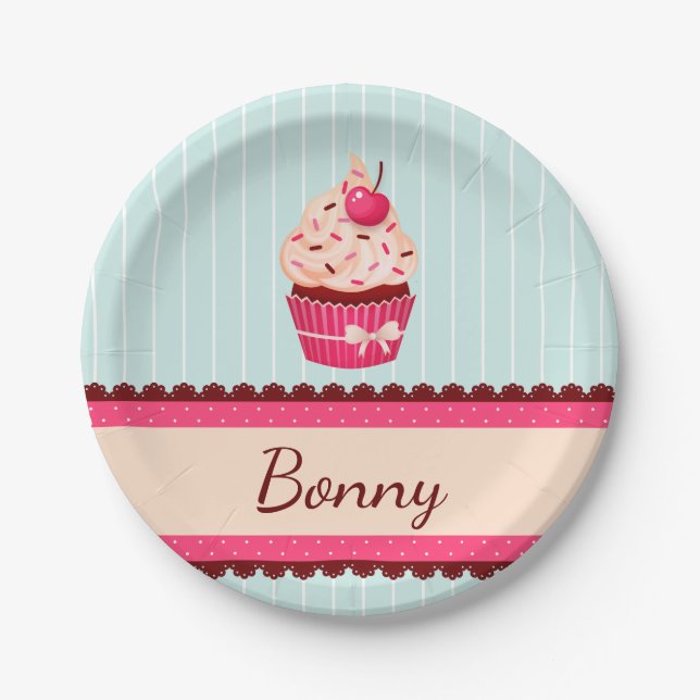 Personalized Pink Cupcake Mint Blue Background Paper Plate (Front)