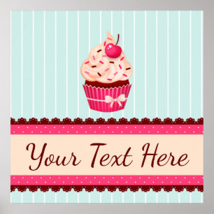 Personalized Pink Cupcake Mint Blue Background Poster
