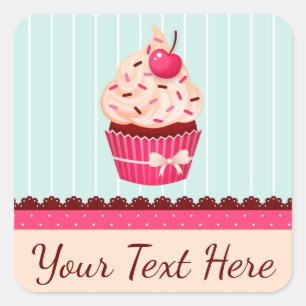 Personalized Pink Cupcake Mint Blue Background Square Sticker