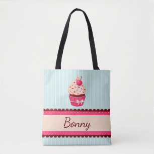 Personalized Pink Cupcake Mint Blue Background Tote Bag