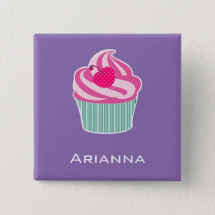 Personalized Pink Cupcake WIth Polka Dot Cherry 2 Inch Square Button