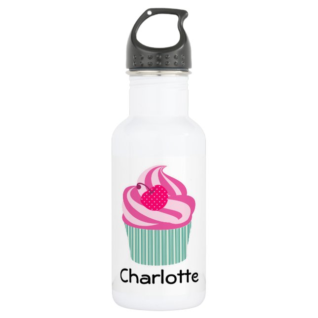 Personalized Pink Cupcake WIth Polka Dot Cherry 532 Ml Water Bottle (Front)