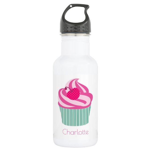 Personalized Pink Cupcake WIth Polka Dot Cherry 532 Ml Water Bottle (Front)