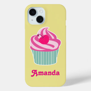 Personalized Pink Cupcake WIth Polka Dot Cherry iPhone 15 Case