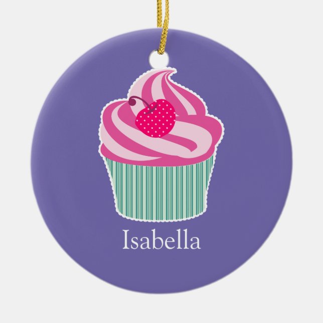 Personalized Pink Cupcake WIth Polka Dot Cherry Ceramic Ornament (Front)
