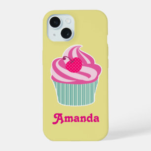Personalized Pink Cupcake WIth Polka Dot Cherry iPhone 15 Case