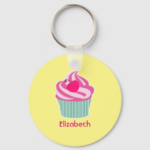 Personalized Pink Cupcake WIth Polka Dot Cherry Keychain