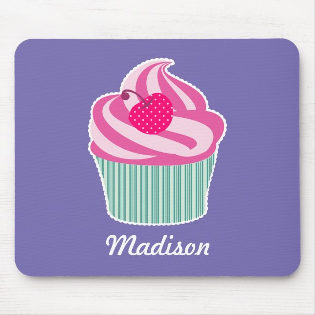 Personalized Pink Cupcake WIth Polka Dot Cherry Mouse Pad (Front)