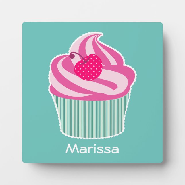 Personalized Pink Cupcake WIth Polka Dot Cherry Plaque (Front)