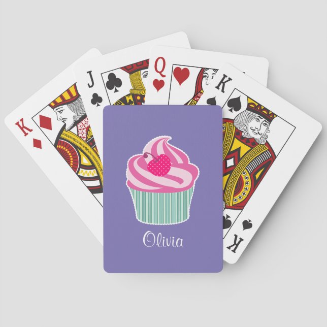 Personalized Pink Cupcake WIth Polka Dot Cherry Playing Cards (Back)