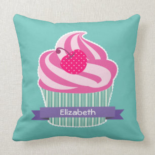 Personalized Pink Cupcake WIth Polka Dot Cherry Throw Pillow