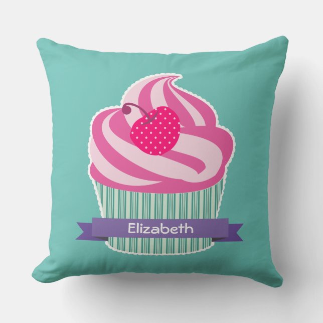 Personalized Pink Cupcake WIth Polka Dot Cherry Throw Pillow (Front)